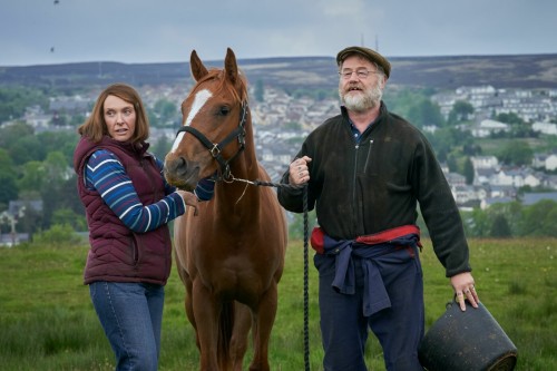 A man and woman facing towards the viewer holding a horse between them